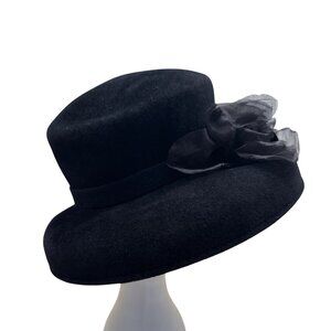 Nordstrom Black Rabbit Fur Felt Hat With Ribbon & Decorative Feather Accent Sz O